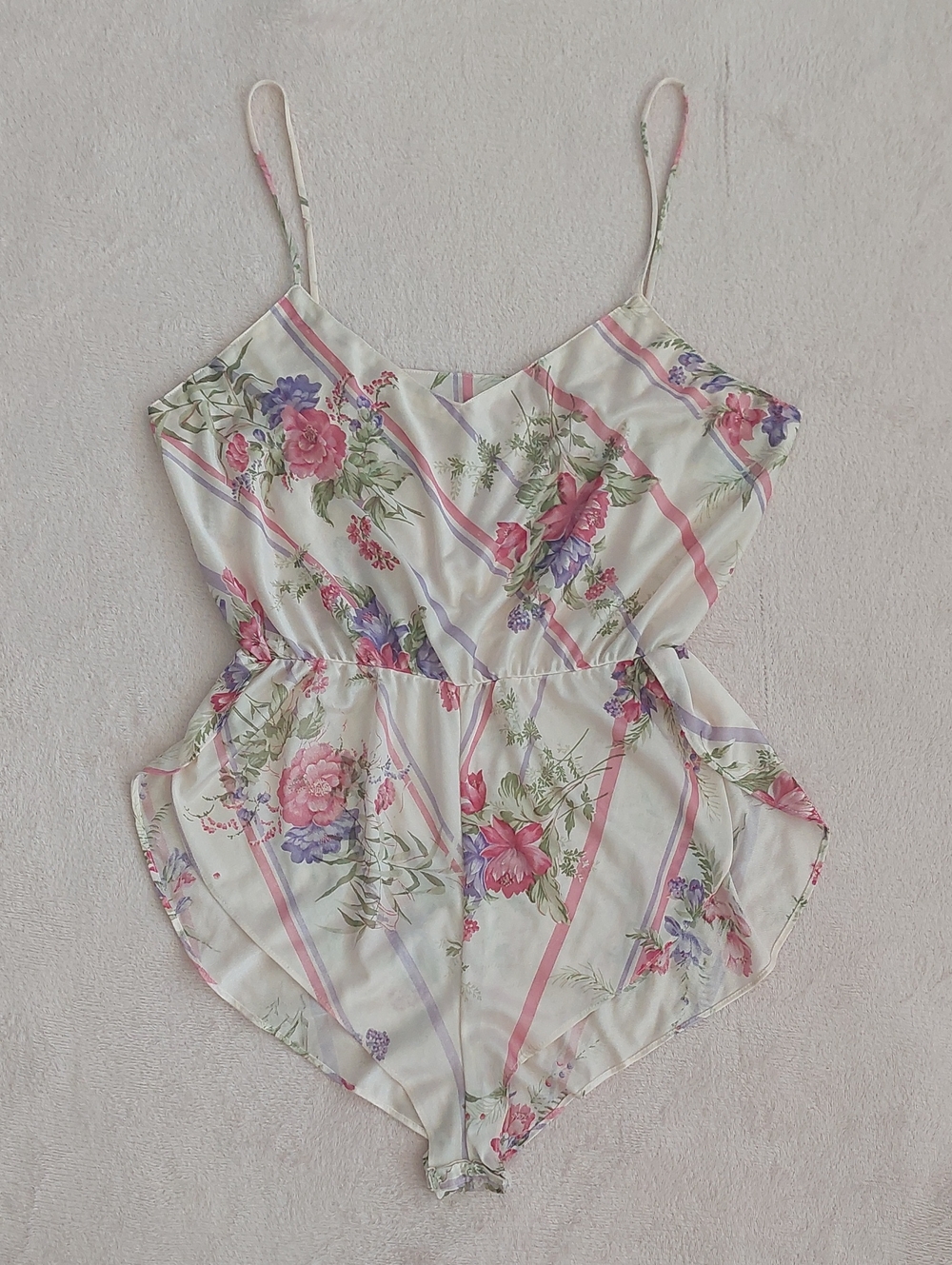 Vintage AVON Cami Romper - Cream with Pink & Purple Floral Pattern NWOT